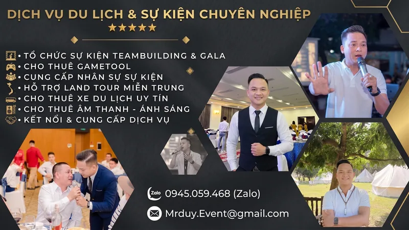 Dịch vụ du lịch và sự kiện chuyên nghiệp — tổ chức team building, gala, cho thuê nhân sự, âm thanh ánh sáng, xe du lịch. Zalo 0945.059.468